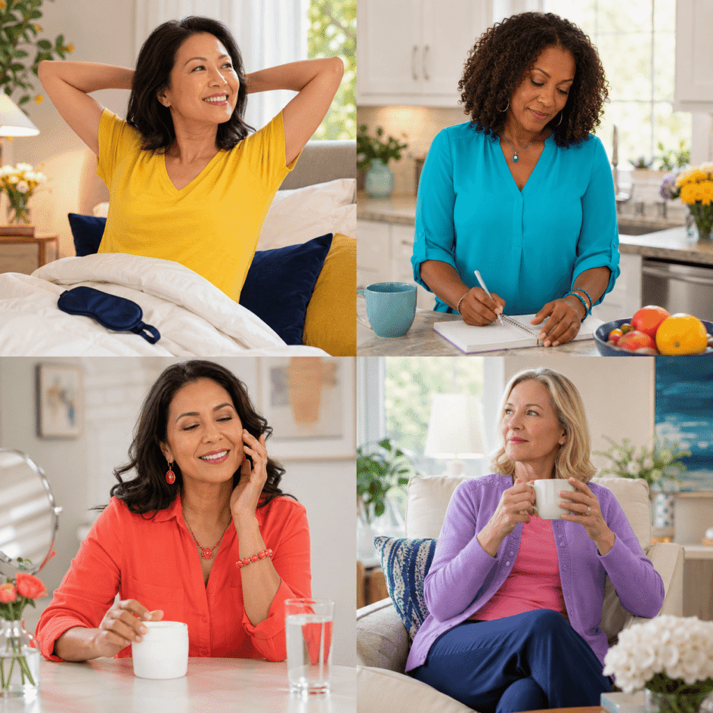 Four diverse midlife women in lifestyle scenes representing sleep, stress, physical comfort and emotional well-being during menopause.

