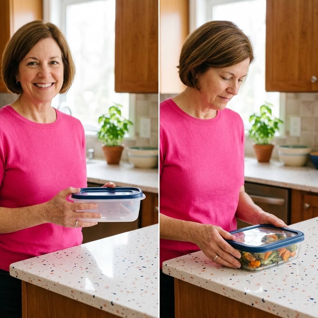 Woman compares an unmarked plastic food container with a glass food container in her kitchen