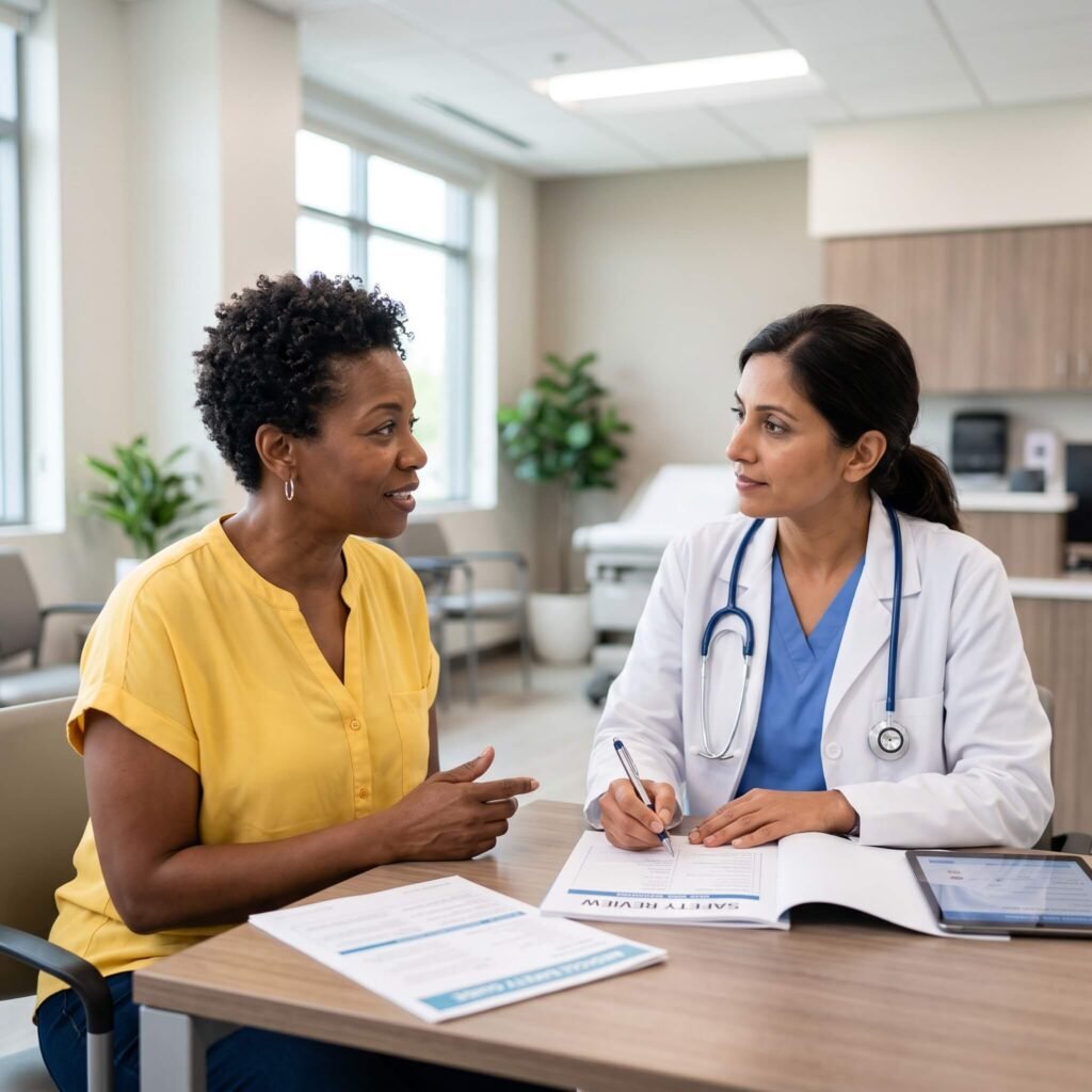 Middle Aged Woman Discussing Herbal Safety And Menopause Treatment Options
