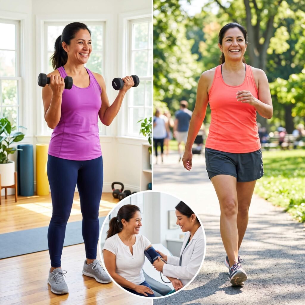 Mexican American woman combining strength training, walking and preventive health monitoring after early surgical menopause