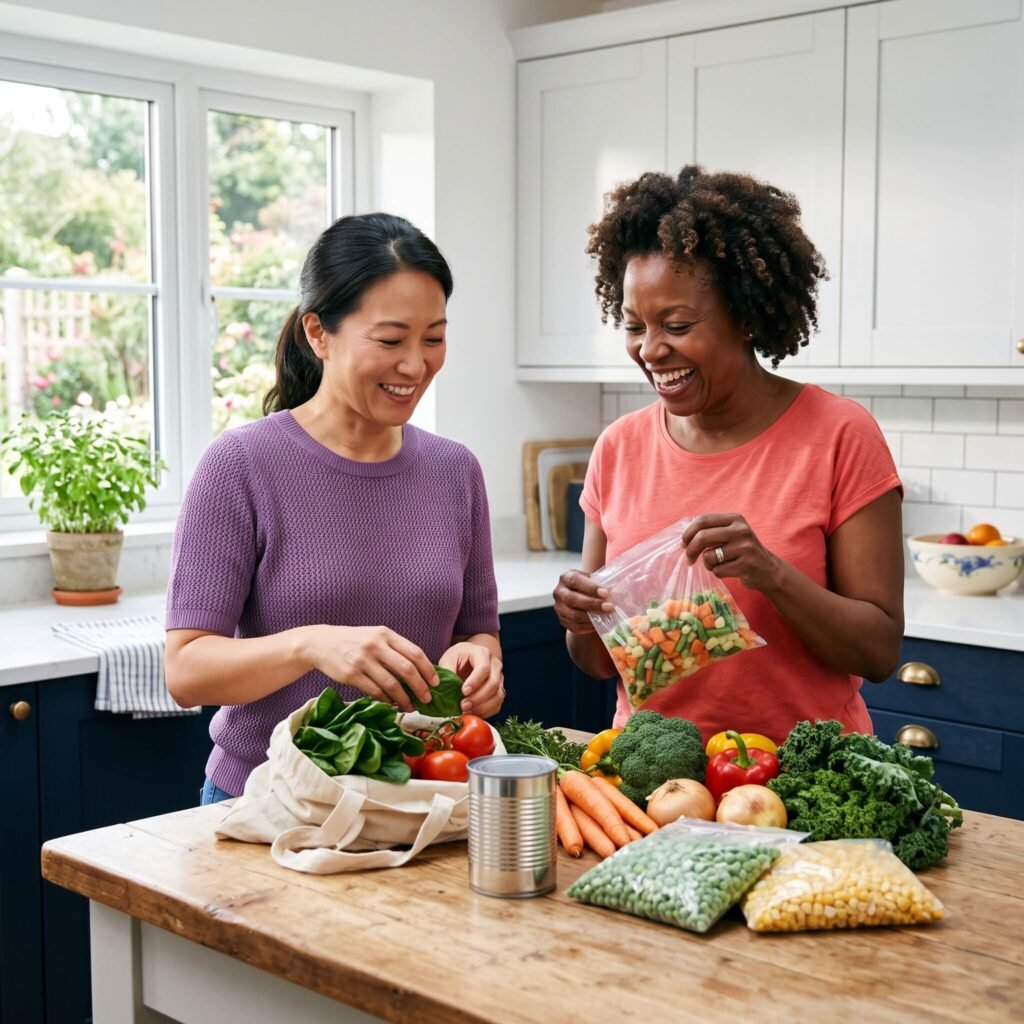 Two women unpack frozen vegetables, fresh produce, and an unmarked canned food item