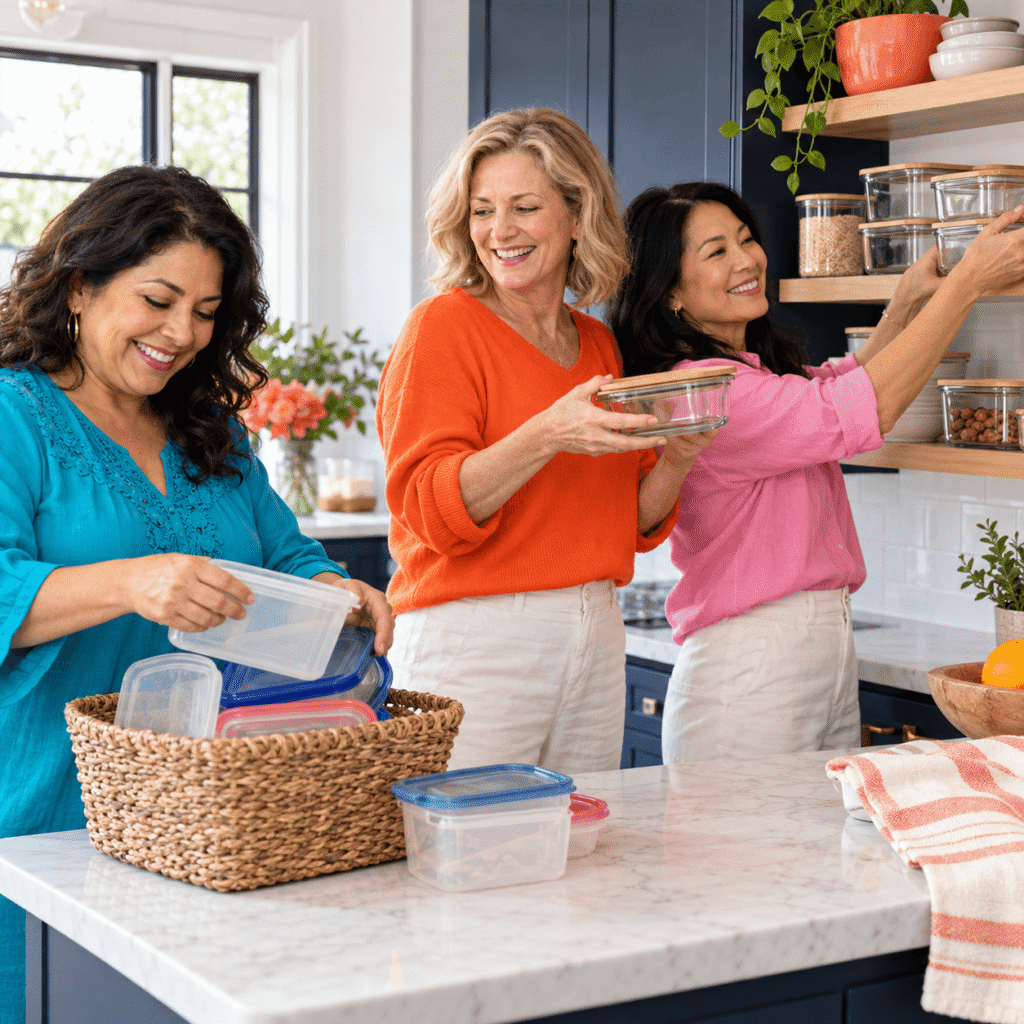 Three women organize frequently used glass containers and set aside worn plastic containers
