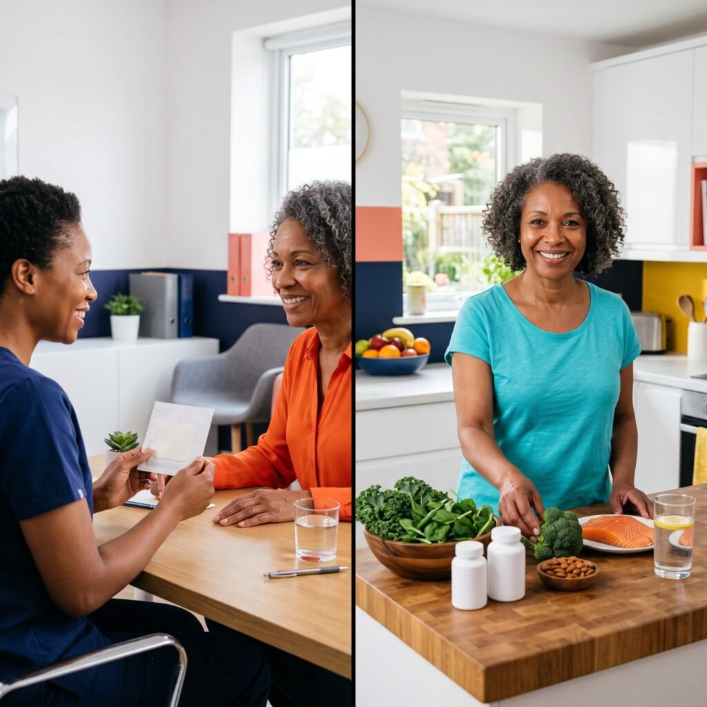 African American woman comparing medical and nutritional support after surgical menopause