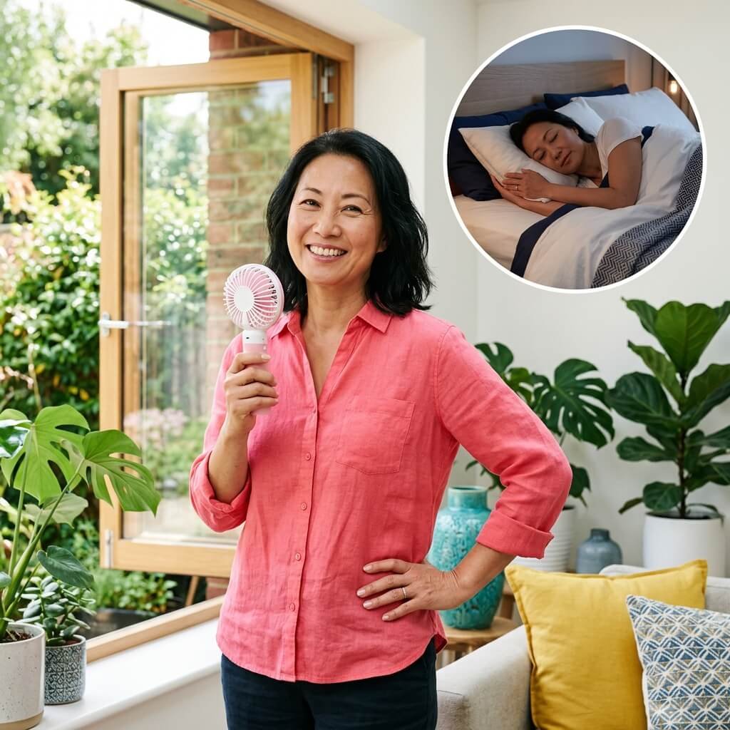 Asian midlife woman comfortably cooling herself during a hot flash after surgical menopause