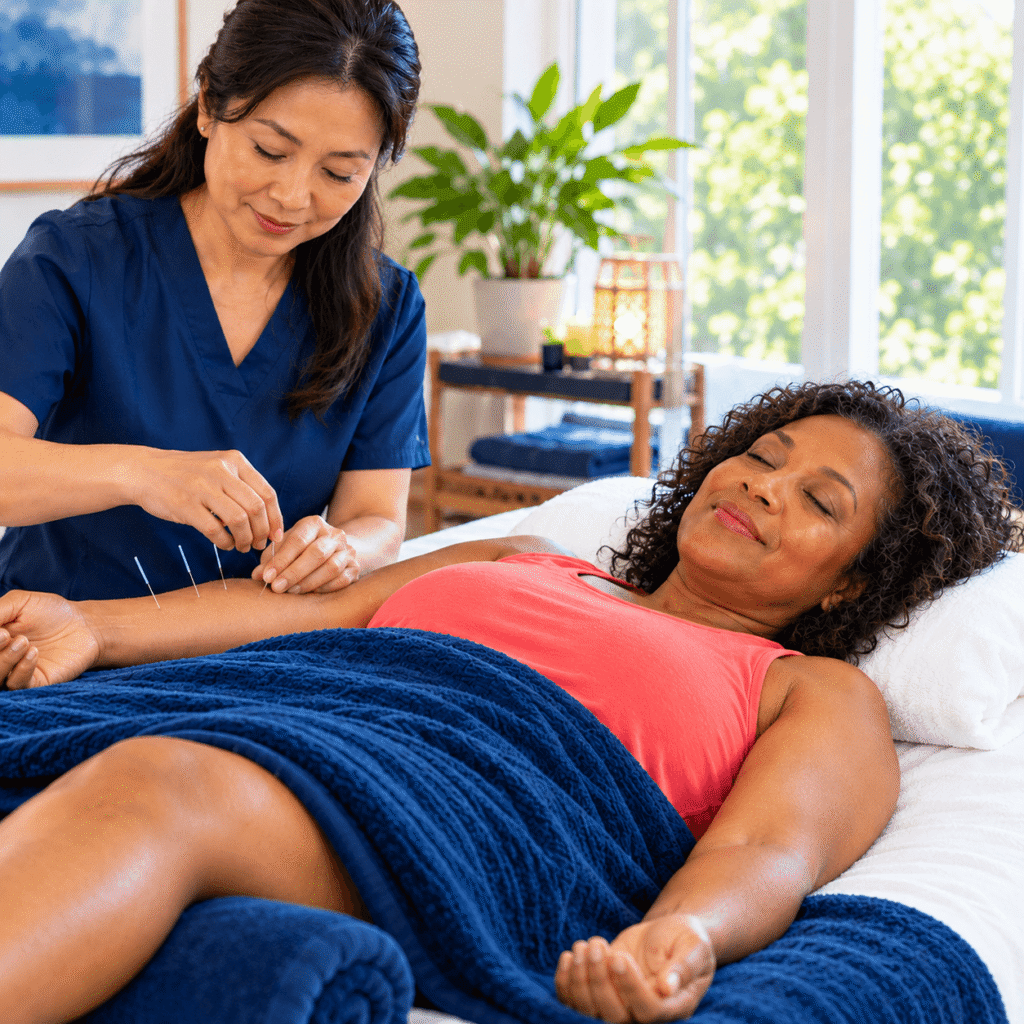 Woman Receiving Acupuncture For Menopause Hot Flash Symptom Support