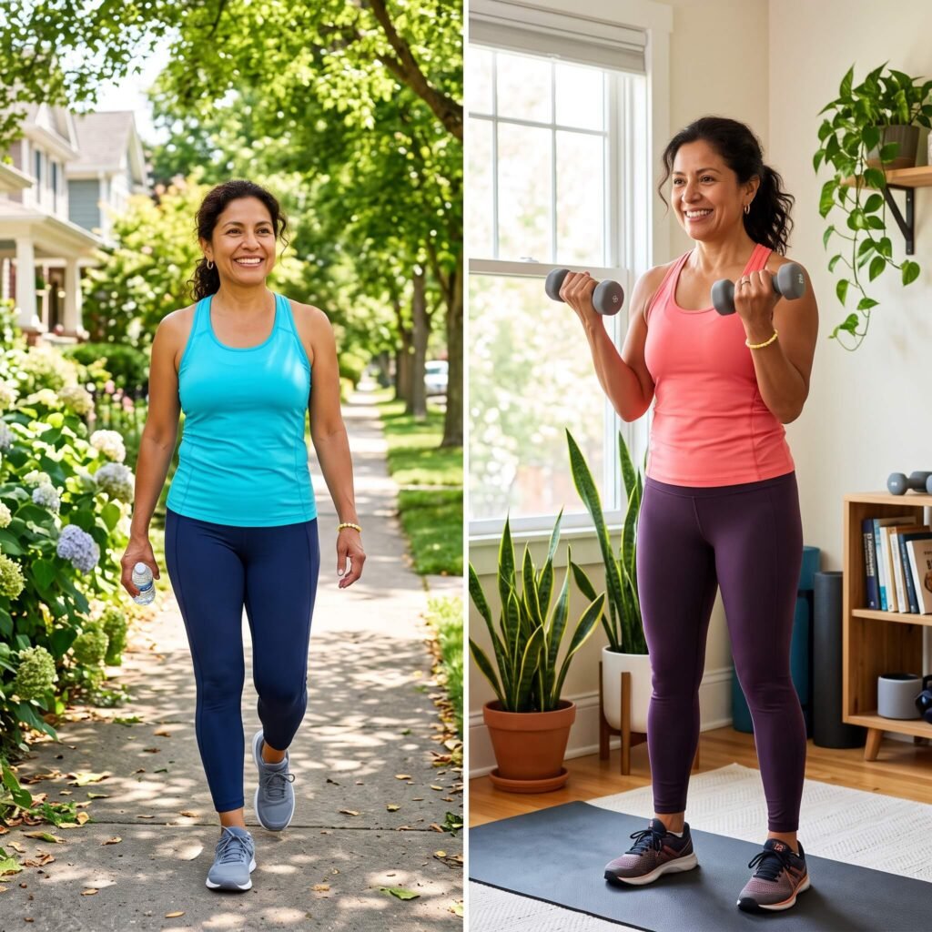 Mexican American woman walking and strength training during surgical menopause
