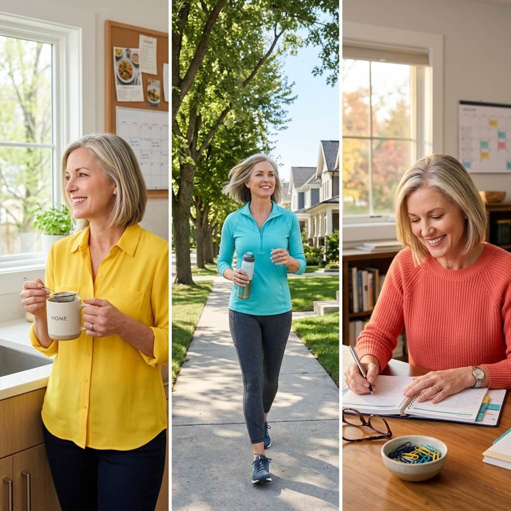 Midlife woman shown across several everyday moments illustrating the gradual natural menopause transition