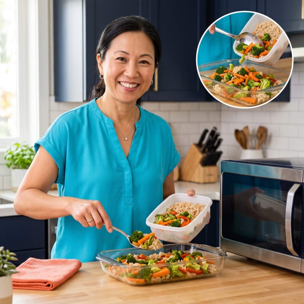 Woman transfers leftovers from a plastic container into a glass dish before reheating