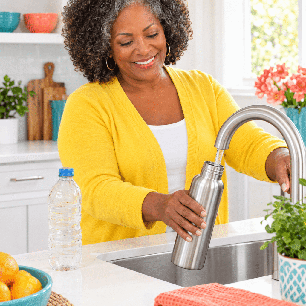 Woman sets aside a worn plastic bottle and fills a stainless-steel reusable bottle