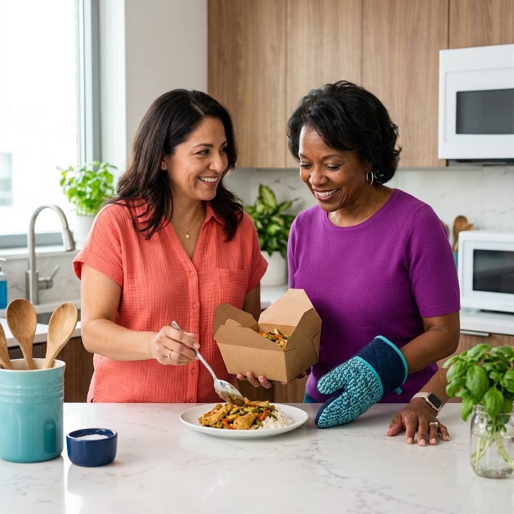Woman reviews her kitchen routine beside a blank notebook, glass container, and personal care bottle