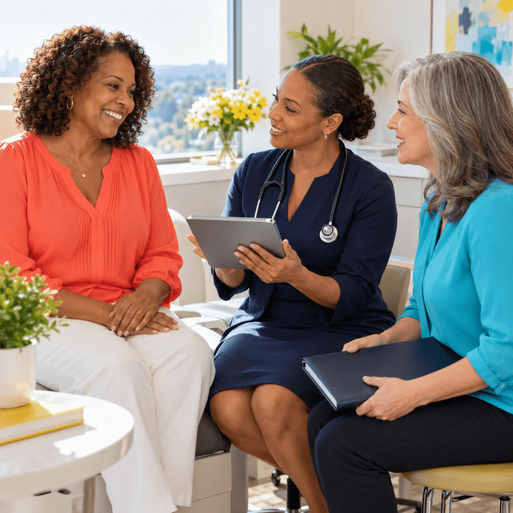 African American woman discussing individualized menopause treatment options with female healthcare professionals