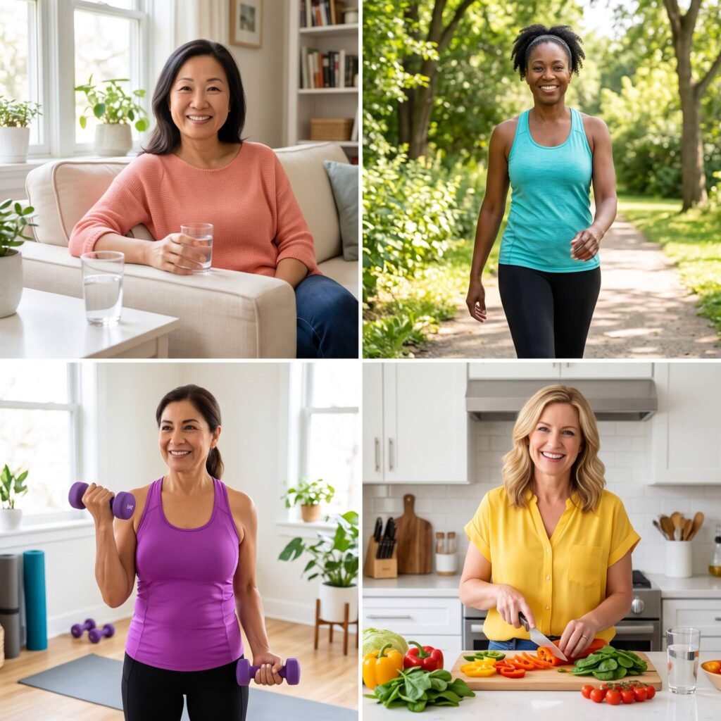 Four midlife women illustrating recovery, walking, strength training and healthy daily habits after surgery