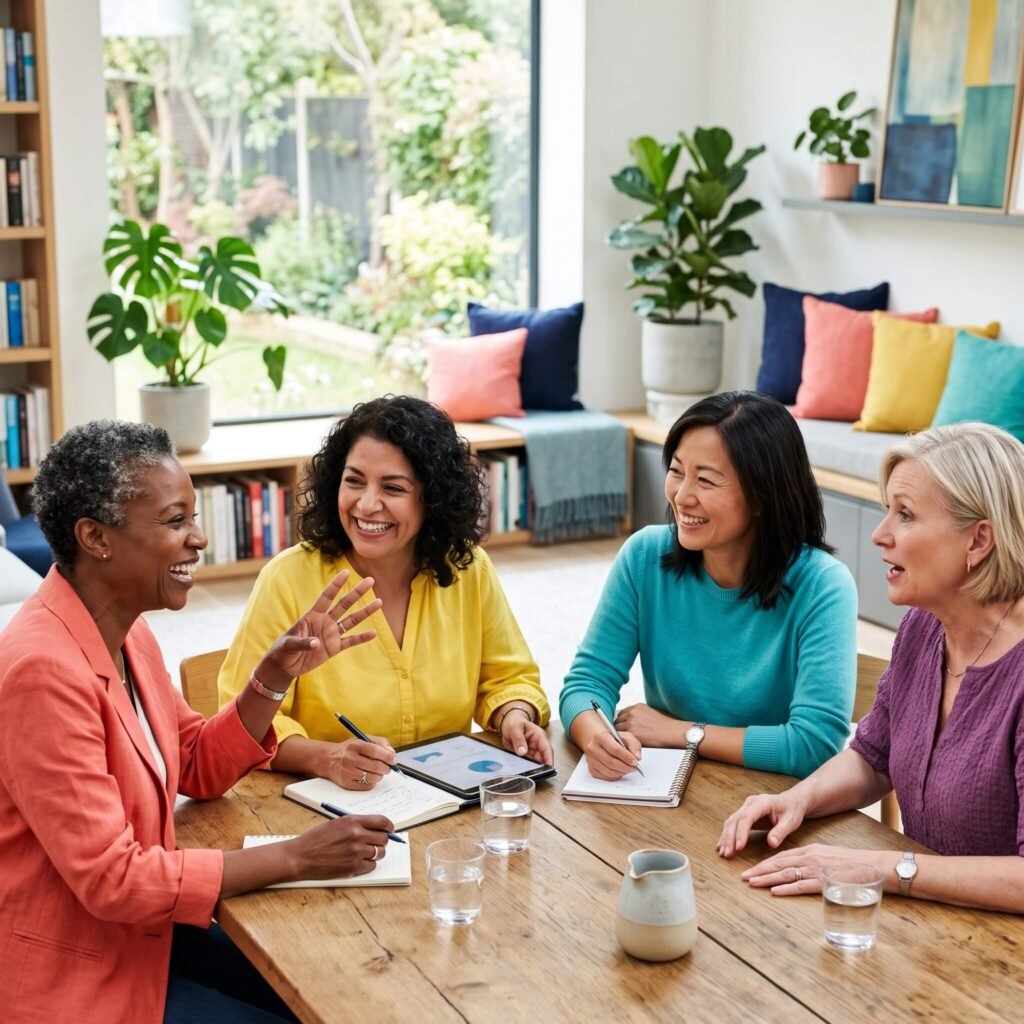 Diverse group of midlife women confidently discussing surgical menopause questions in a supportive setting