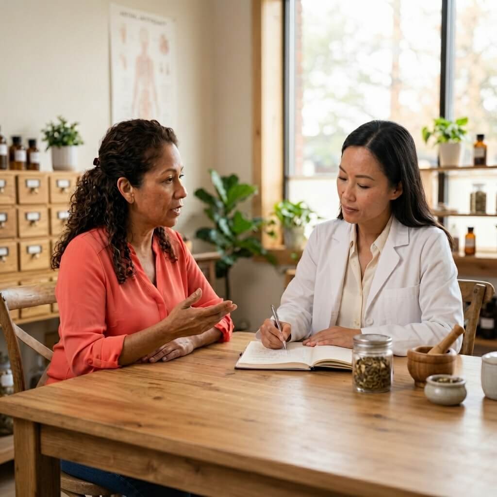 Woman Discussing Menopause Symptoms With Traditional Chinese Medicine Practitioner