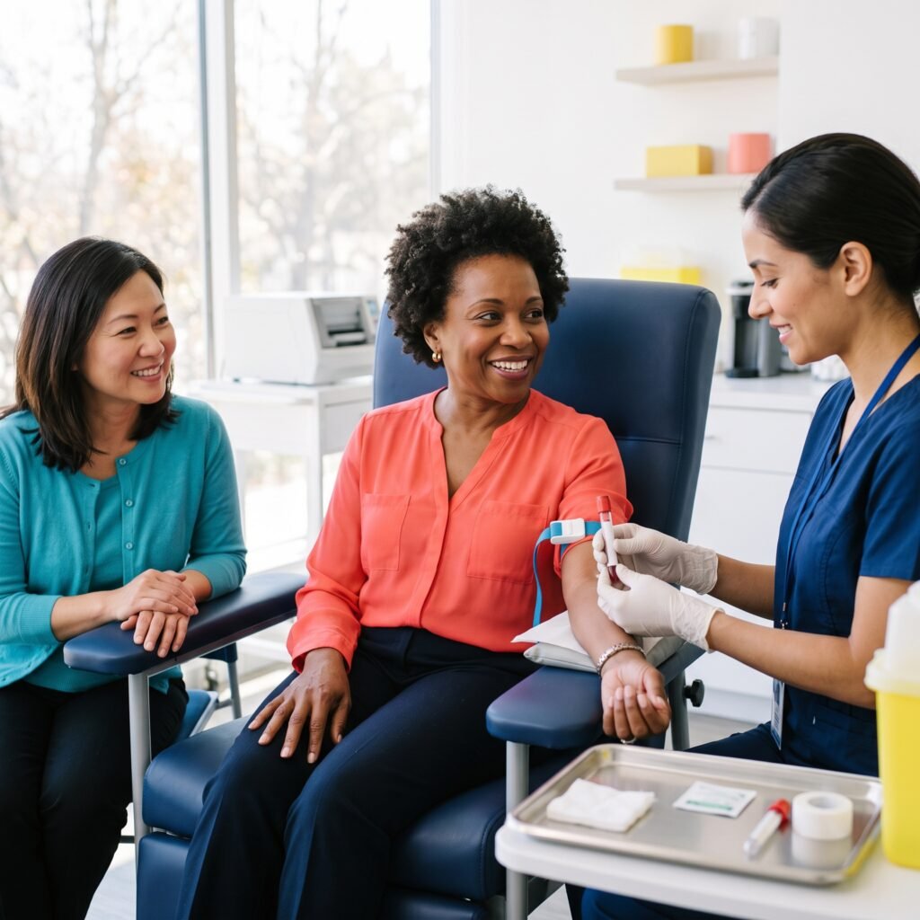 Smiling woman over 50 having blood drawn while discussing B12, fatigue and brain fog testing with a healthcare professional.