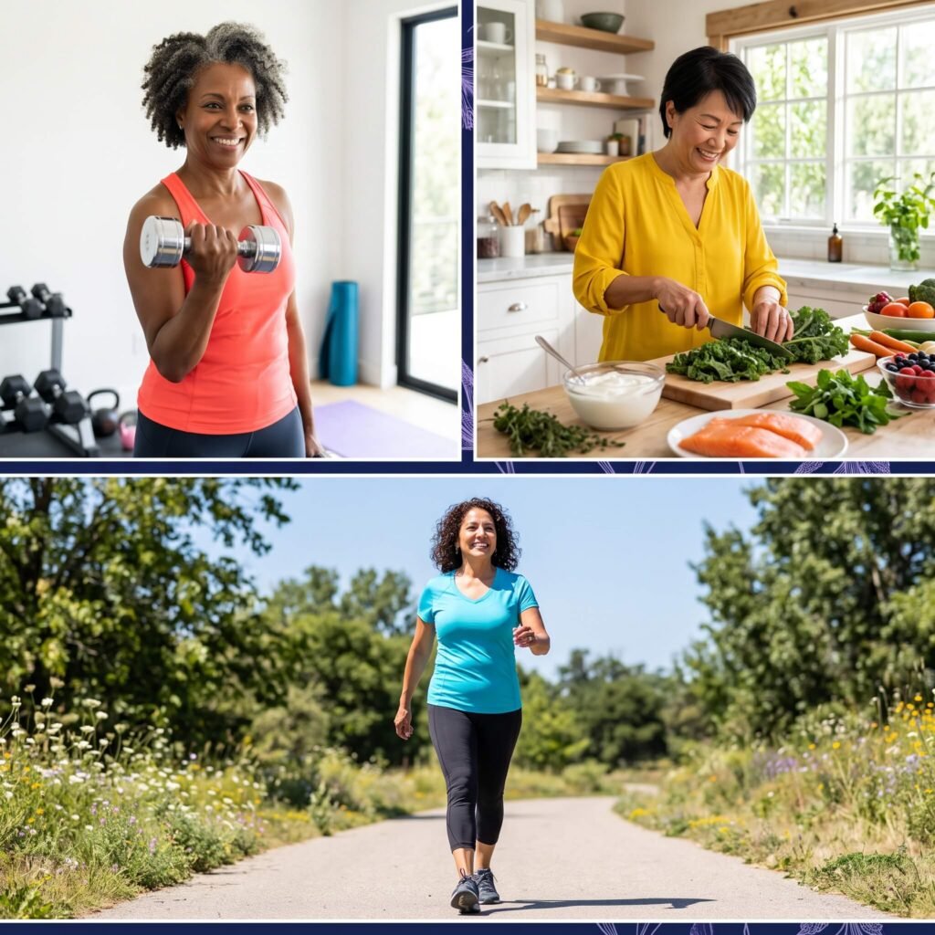 Three diverse women strength training and preparing calcium-rich foods for bone health