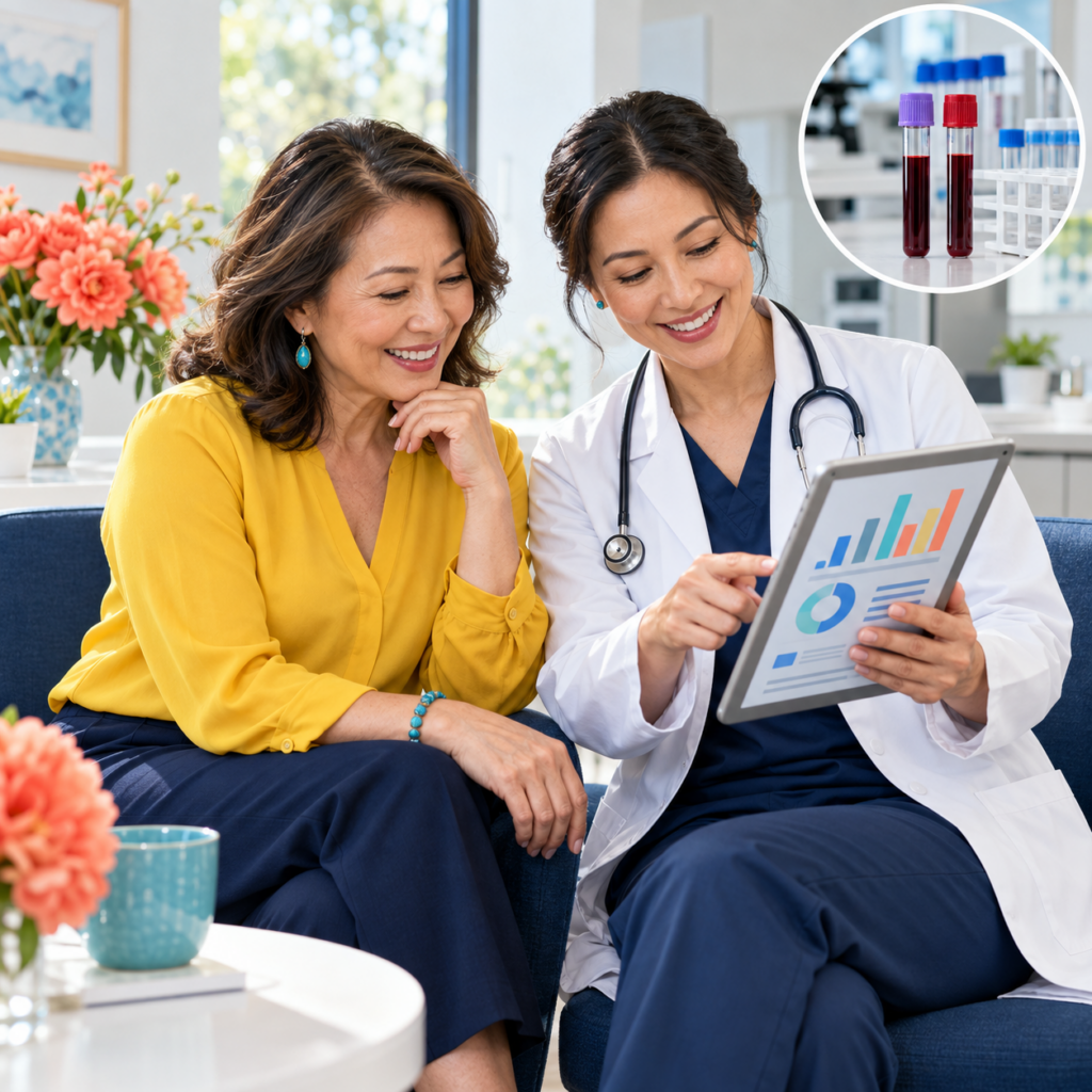 Woman reviewing borderline vitamin B12 results and additional testing with a healthcare professional.