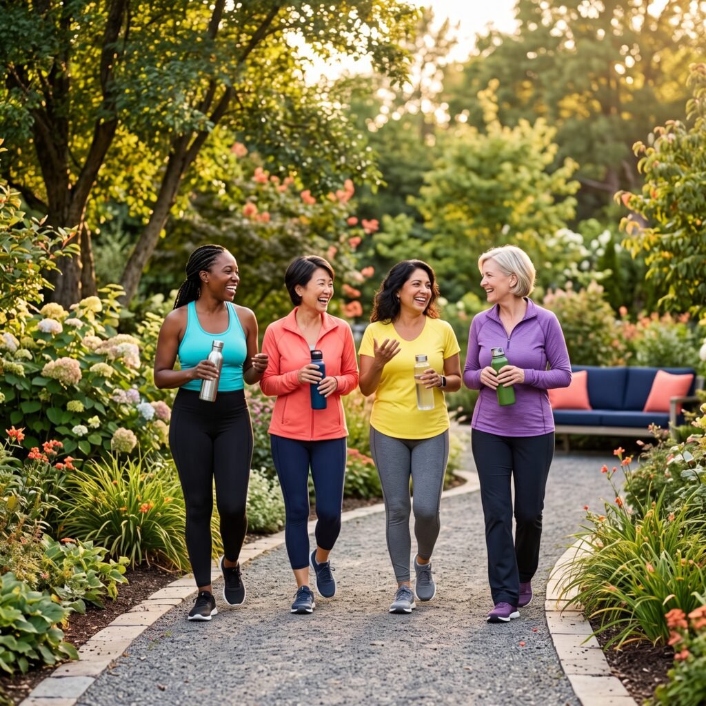 Four women over 40 walking together outdoors to support sleep, movement, social connection and brain health.