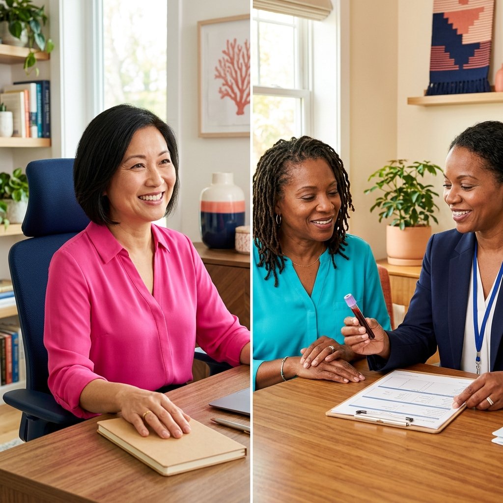 Two smiling midlife women representing hormonal menopause brain fog and vitamin B12 deficiency as different possible causes of memory symptoms.