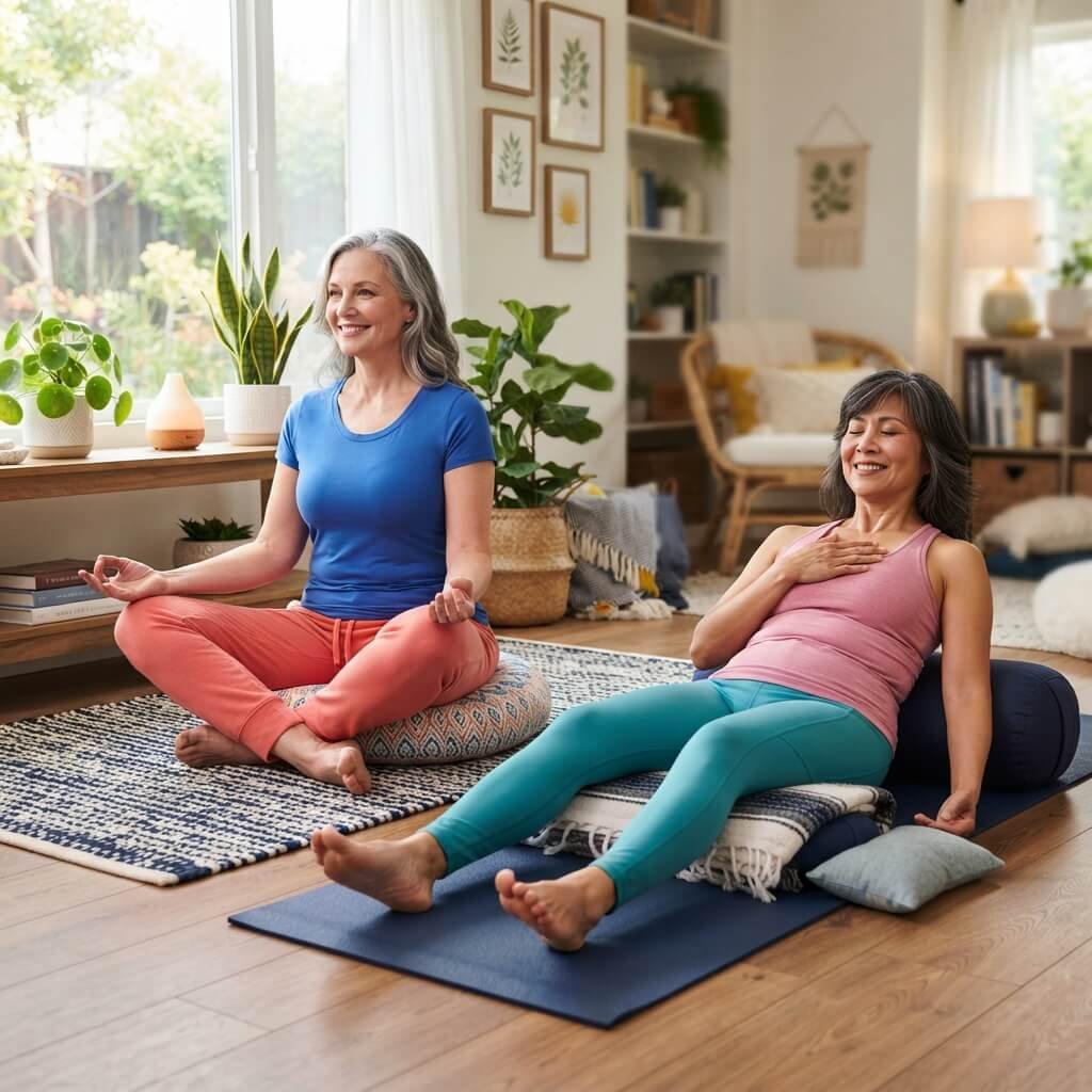 Two midlife women demonstrating seated mindfulness and reclined Yoga Nidra in the same peaceful room.