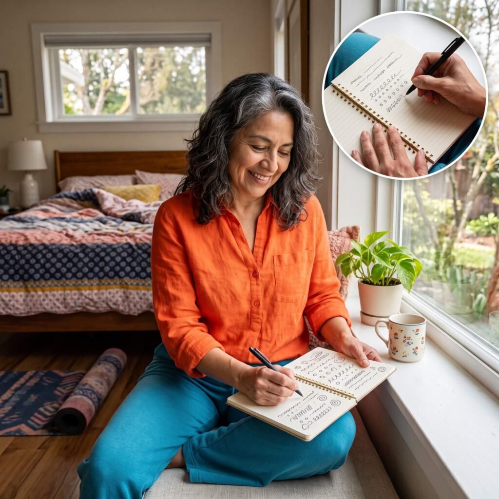 Midlife woman calmly tracking sleep and menopause symptoms in a notebook after waking