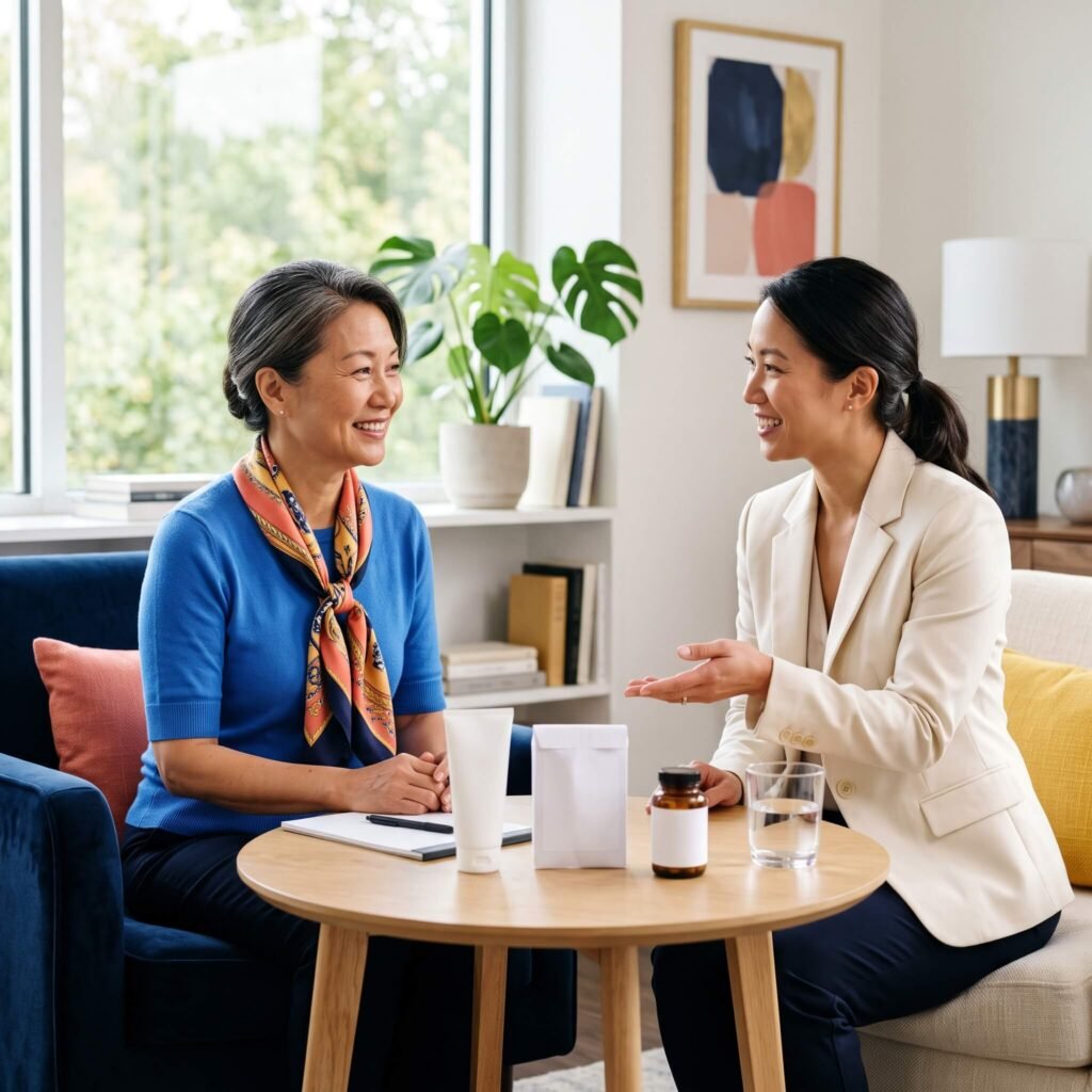 Asian American woman reviewing surgical menopause treatment options with a clinician