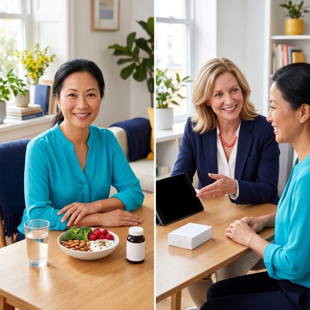 Asian American woman discussing surgical menopause support with a female clinician
