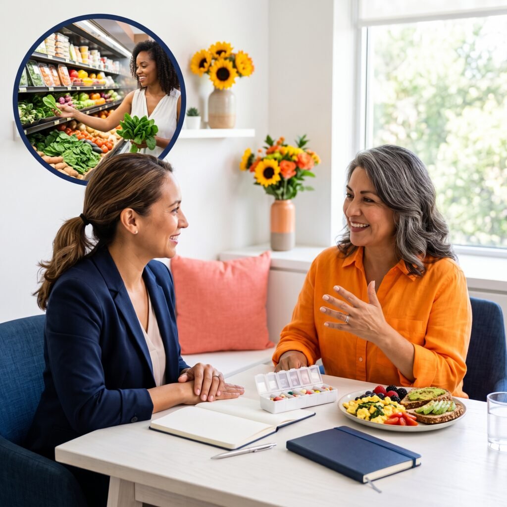 Midlife women reviewing diet, medication and digestive health factors that can affect vitamin B12 absorption.