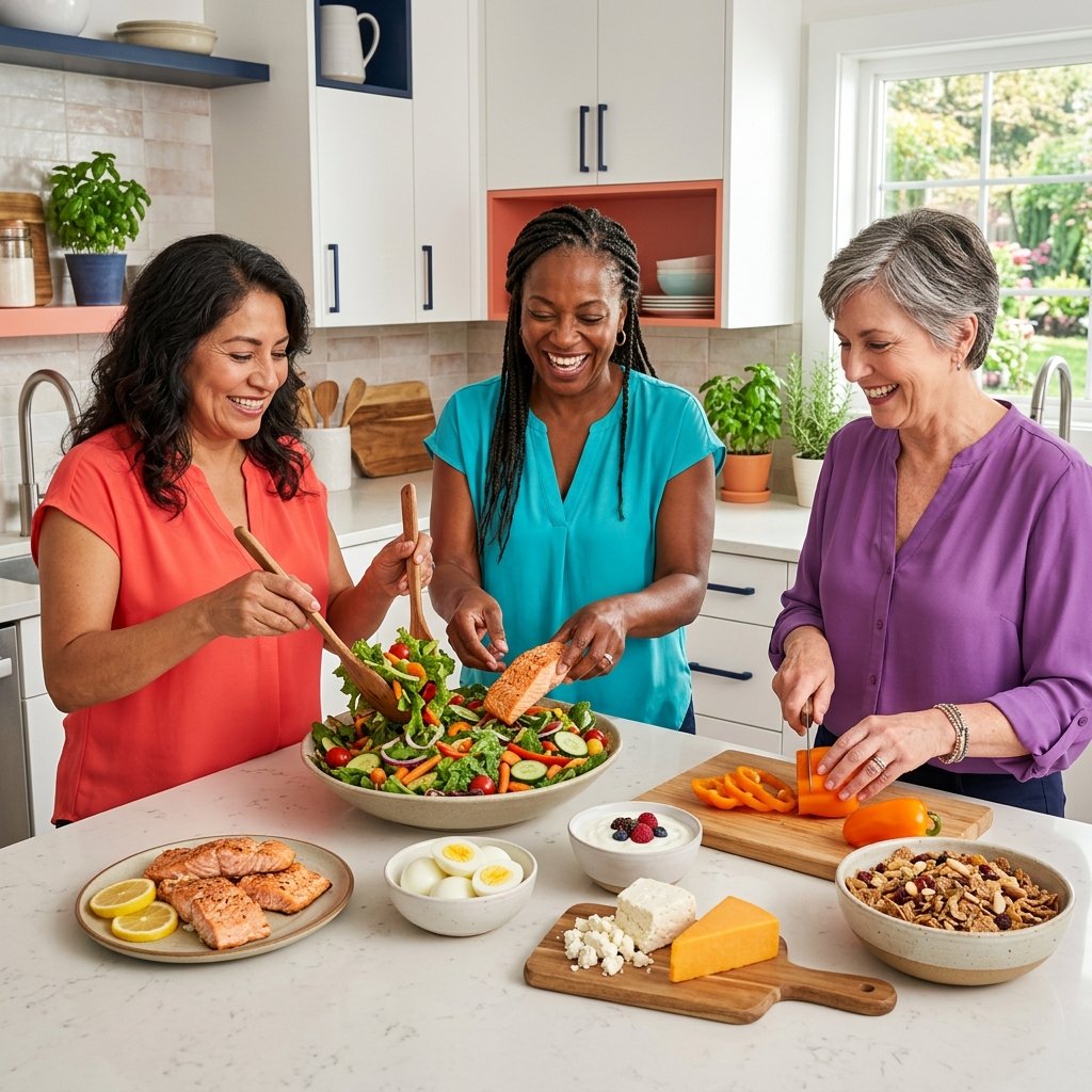 Diverse women preparing foods containing vitamin B12 including fish, eggs and dairy.