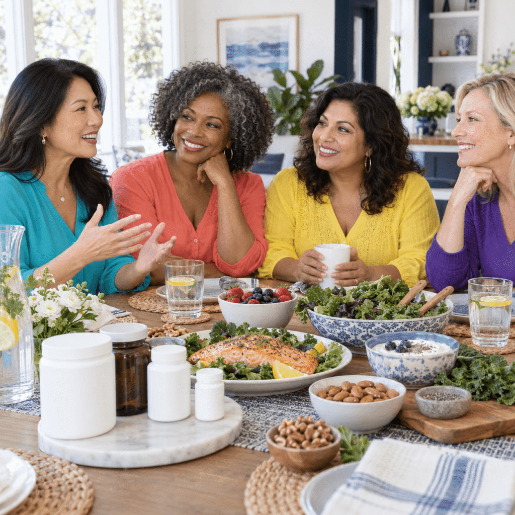 Four diverse midlife women examining different vitamins and nutritious foods together