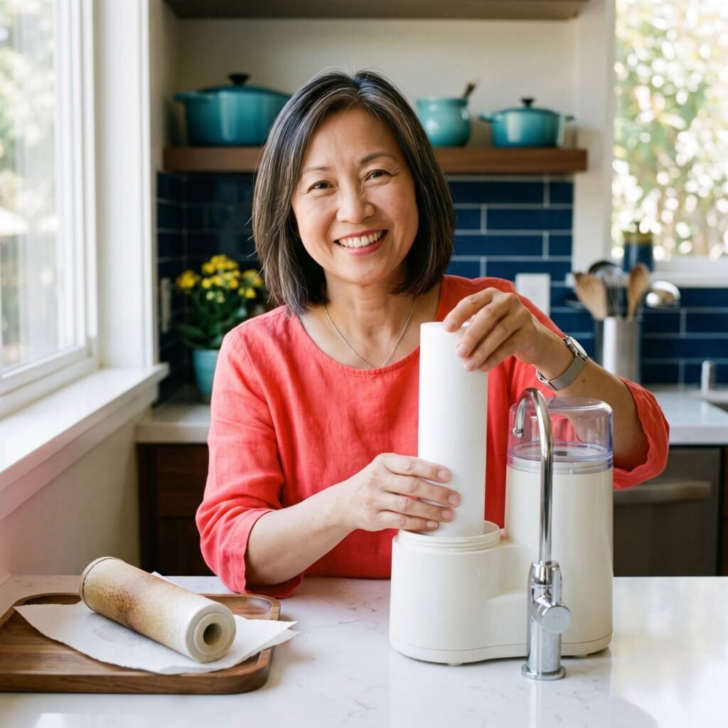 Woman replaces a cartridge in an unbranded countertop water filter.
