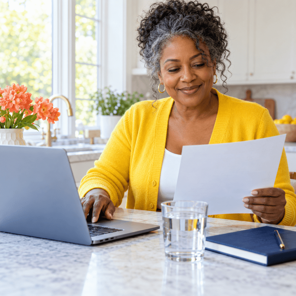 Woman researches drinking-water contaminants at home beside a glass of water.
