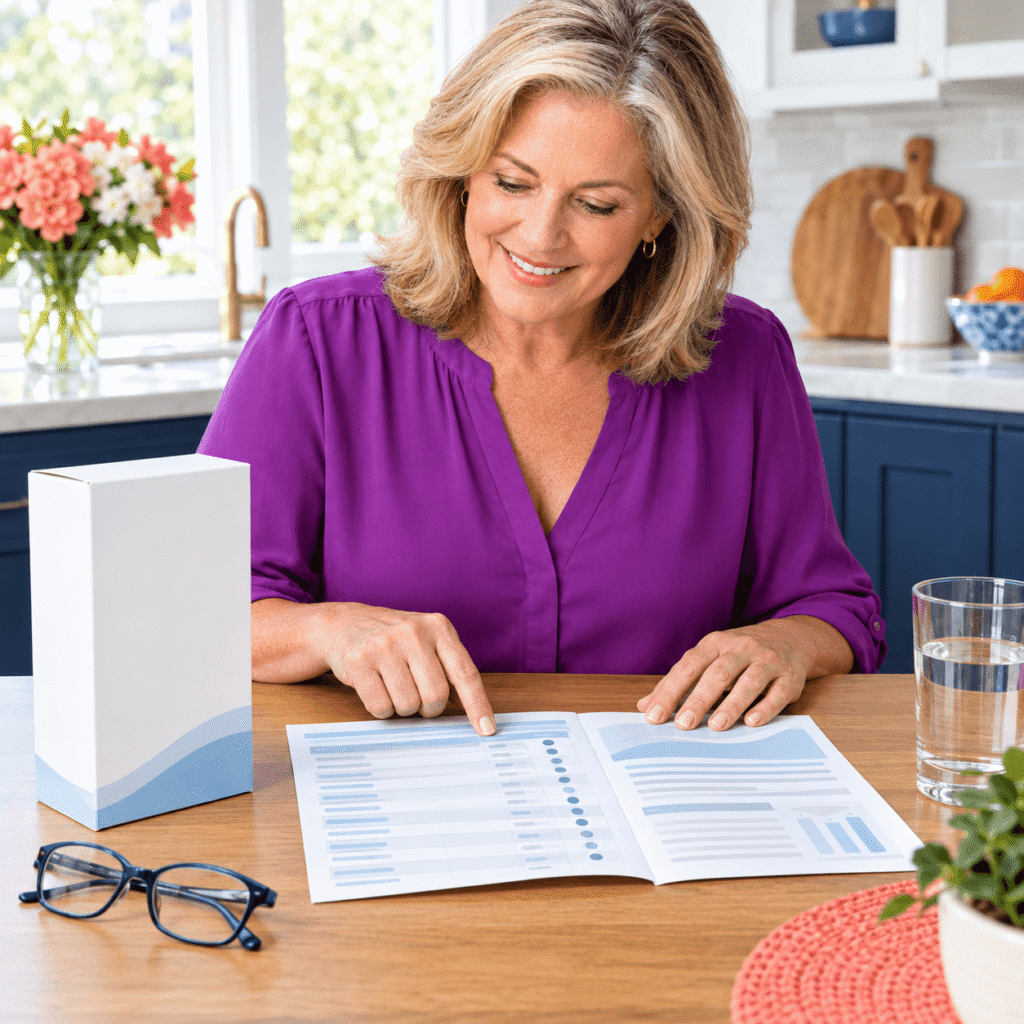 Woman compares a water-filter information sheet with a product box in her kitchen.
