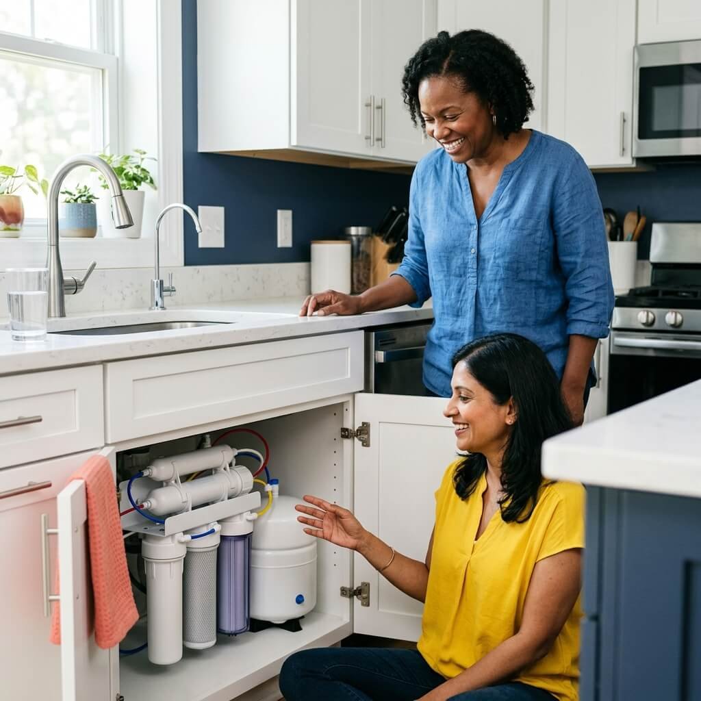 Woman looks at a compact under-sink reverse osmosis system with separate tubing.