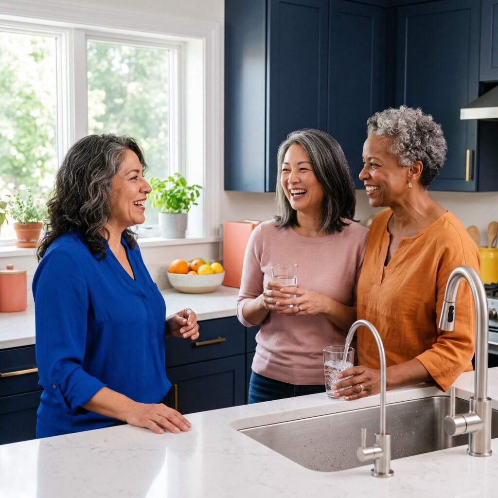 Three women share a relaxed moment while filling glasses from a kitchen water filter.
