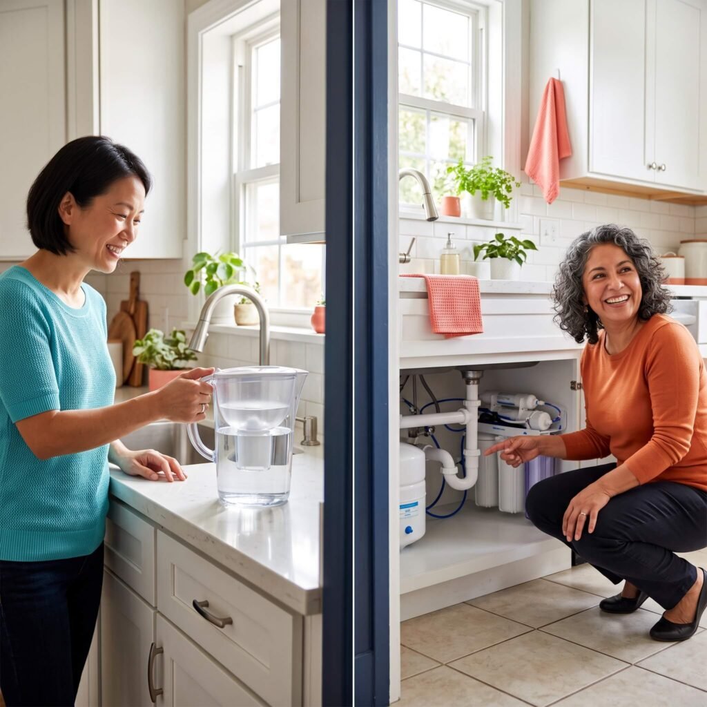 Two women compare an unbranded water pitcher and an under-sink filtration unit.
