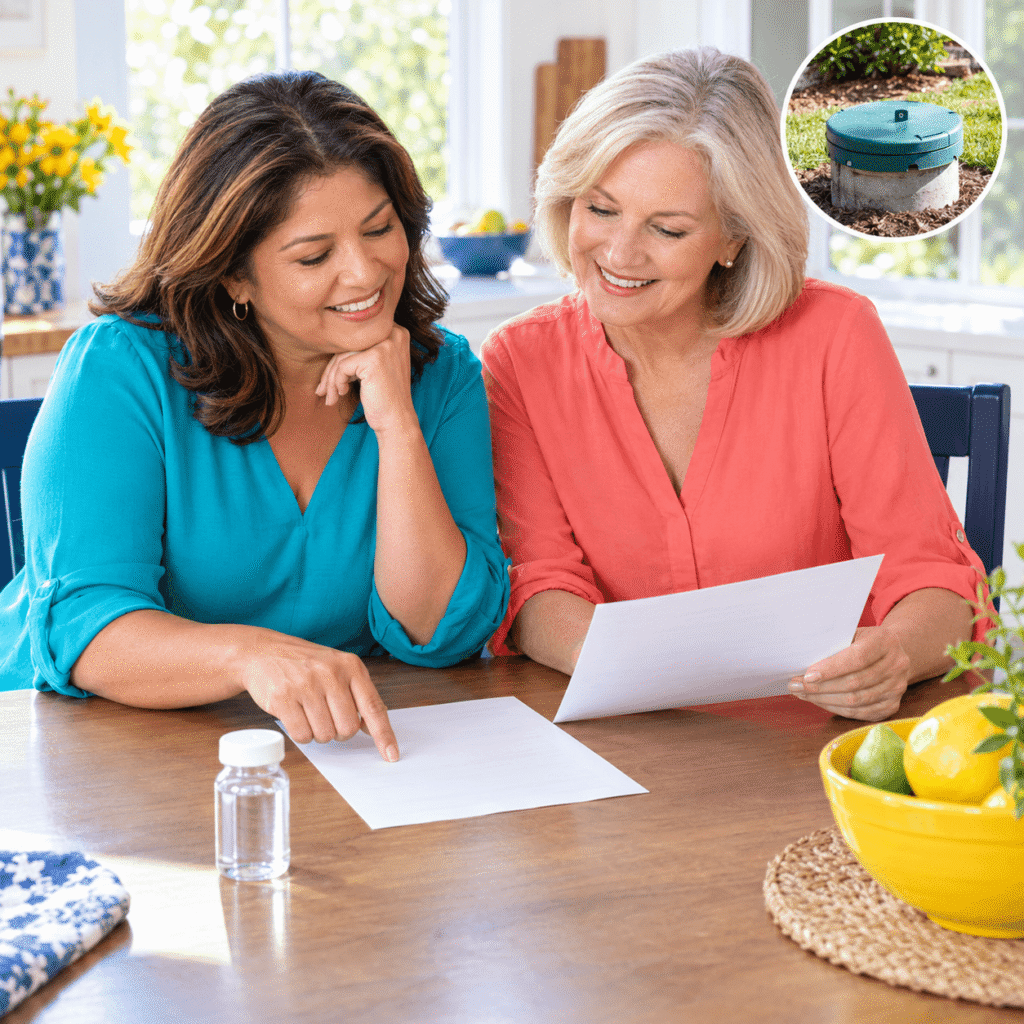 Two women review water information together at a kitchen table.
