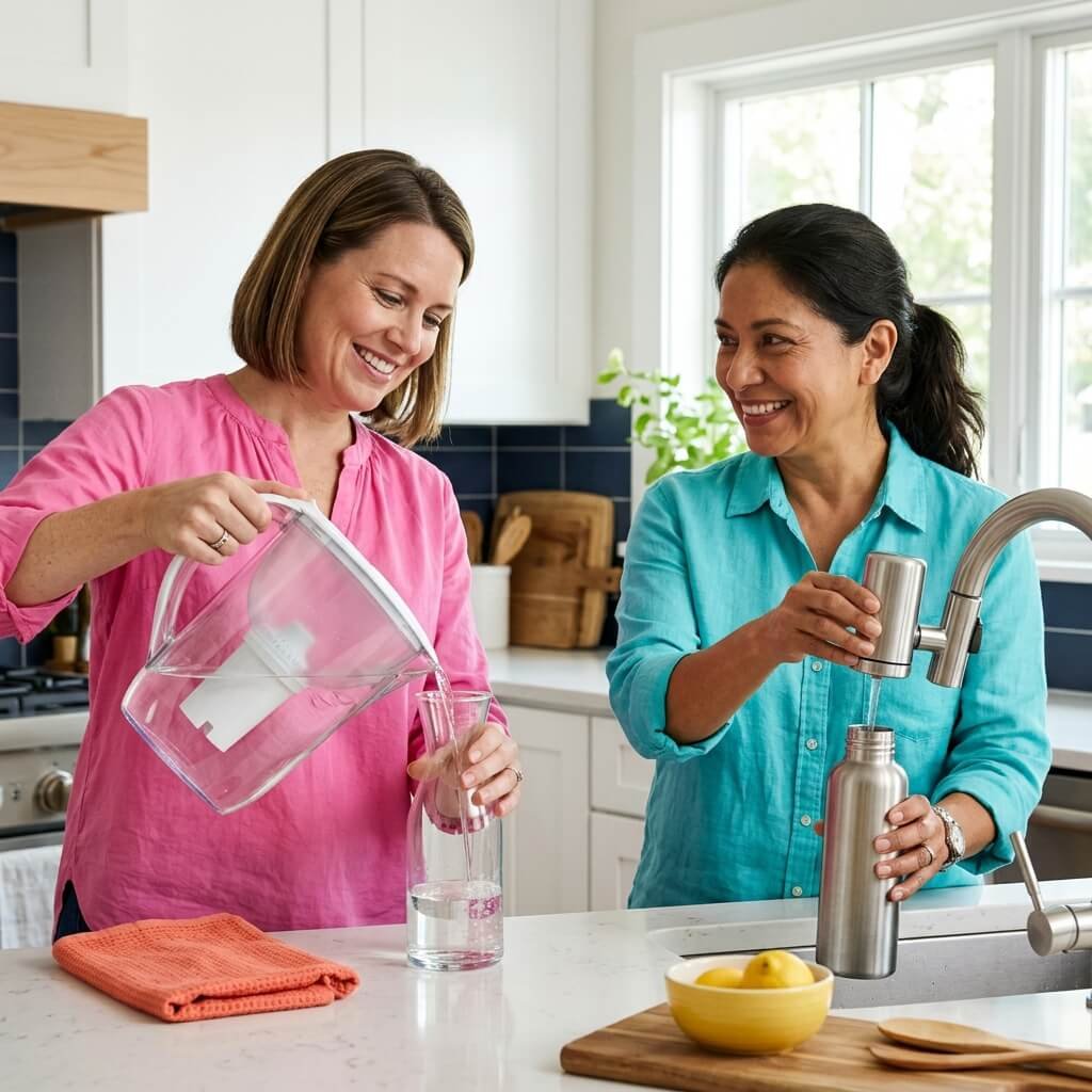 Two women pour filtered water into a glass carafe and a stainless-steel bottle.
