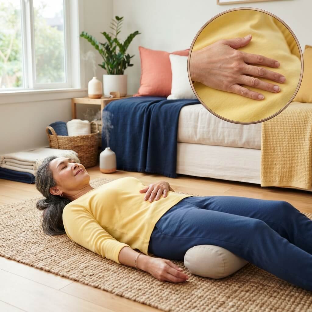 Asian midlife woman practicing a relaxed Yoga Nidra body scan with one hand on her abdomen.