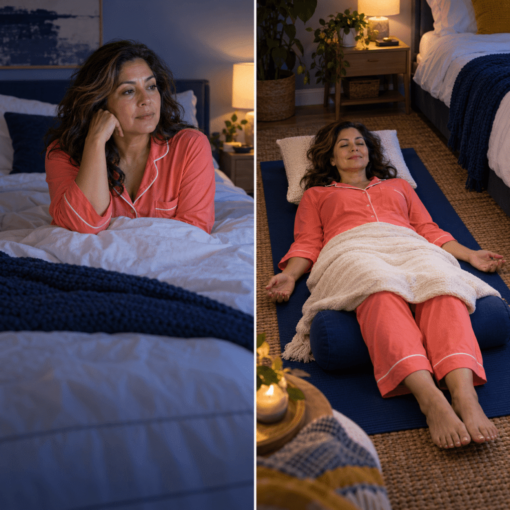 Split scene of a midlife woman awake at night and later relaxing with Yoga Nidra.
