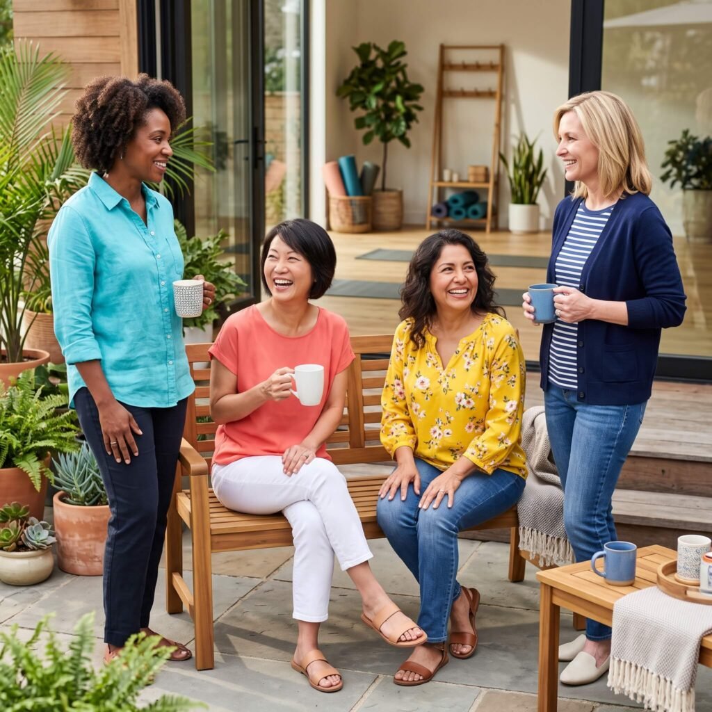 Four diverse midlife women smiling together outdoors after a restful morning wellness routine.